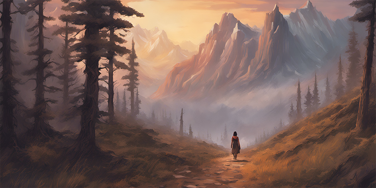 A woman walking through the forest towards a distant mountain.