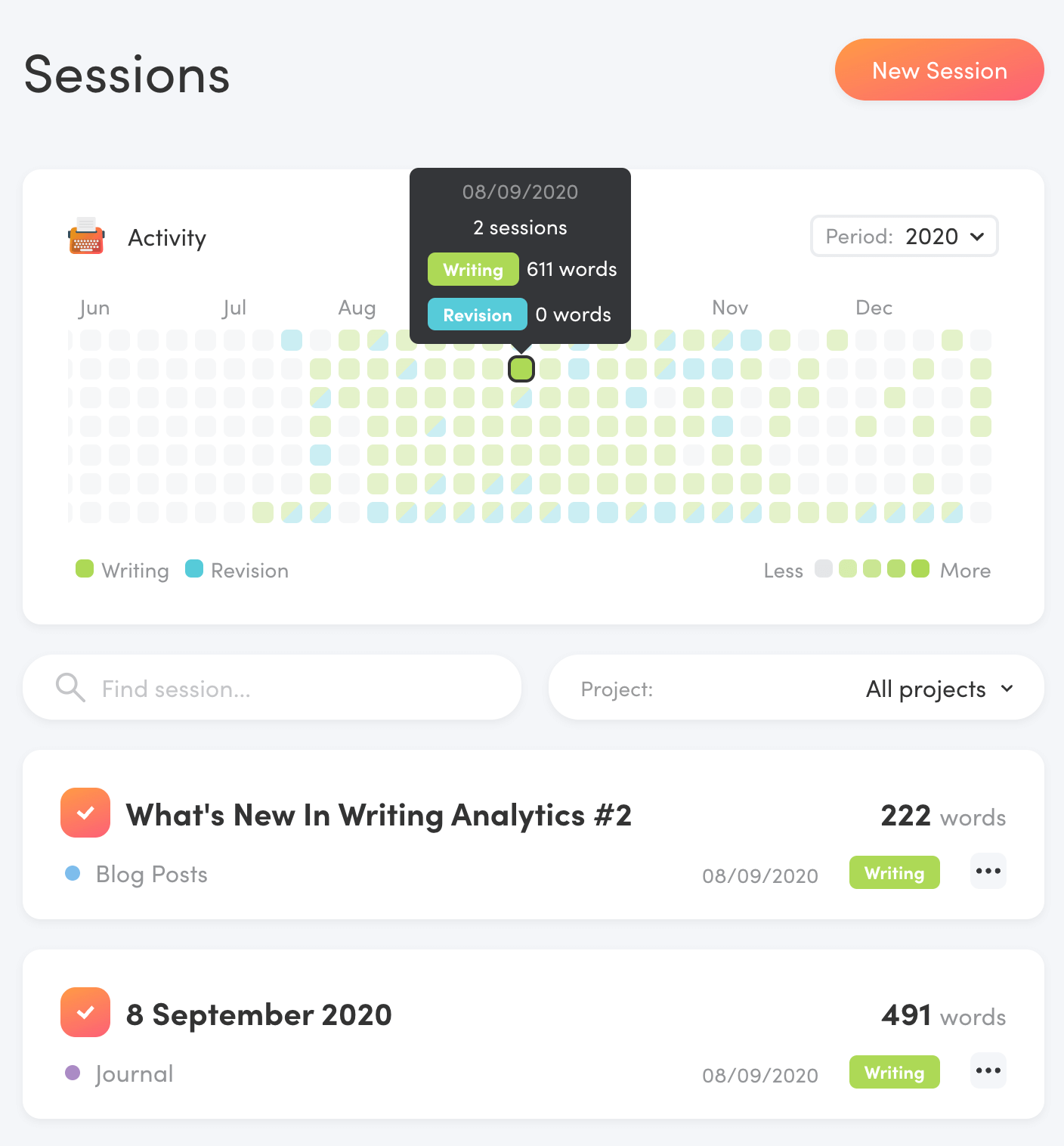 Filter sessions using the activity grid