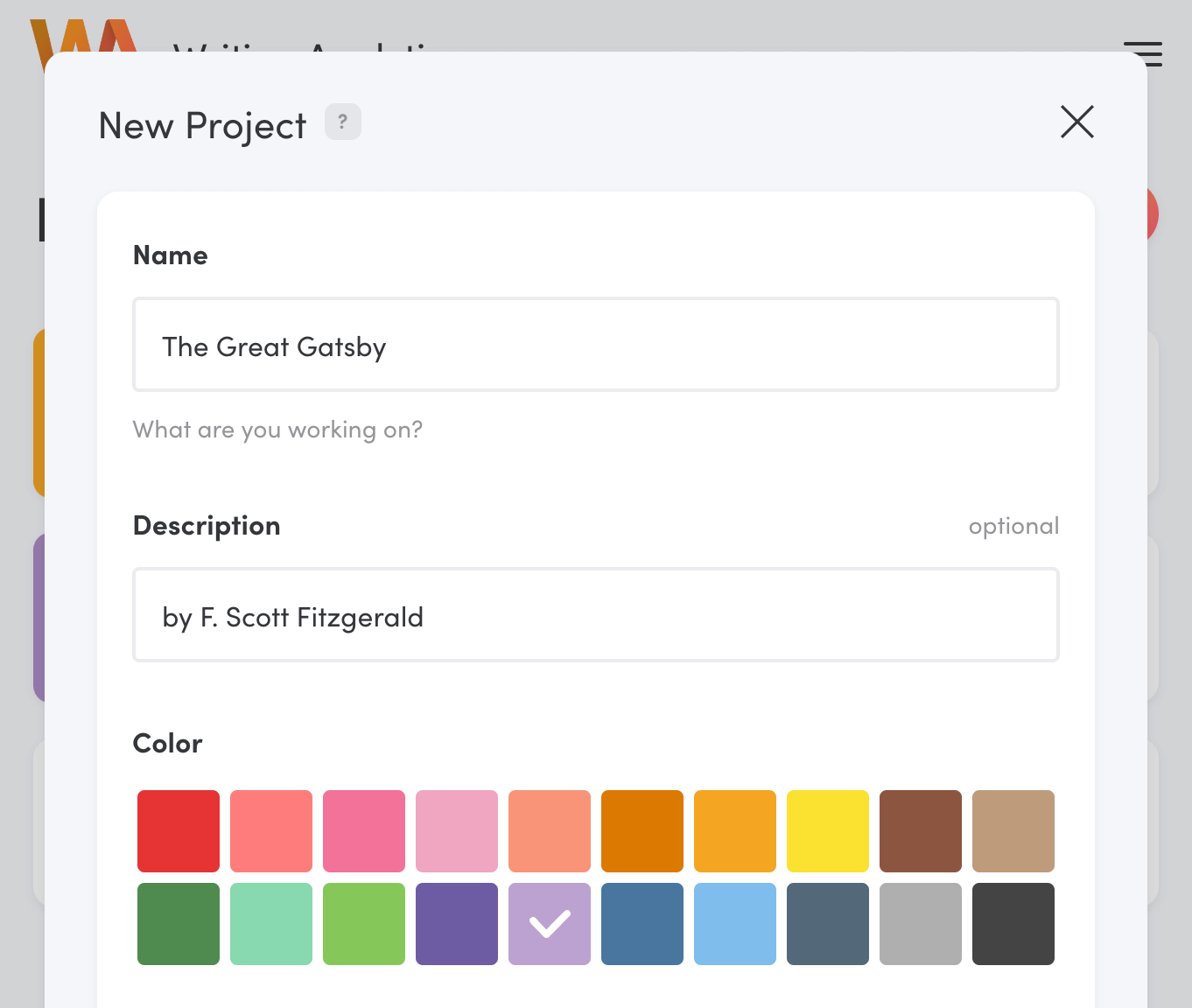New project form in Writing Analytics