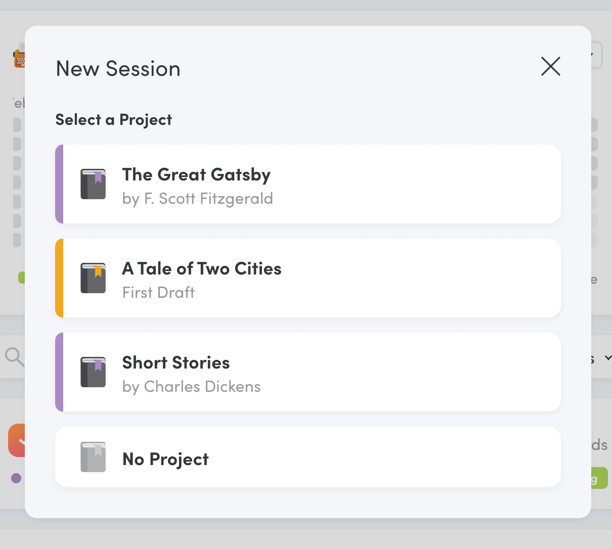 New Session form in Writing Analytics