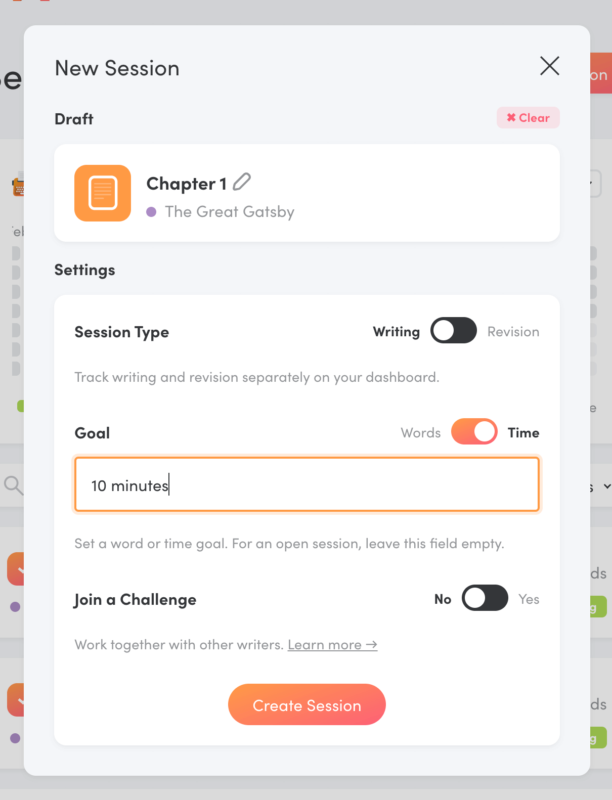 New Session form in Writing Analytics