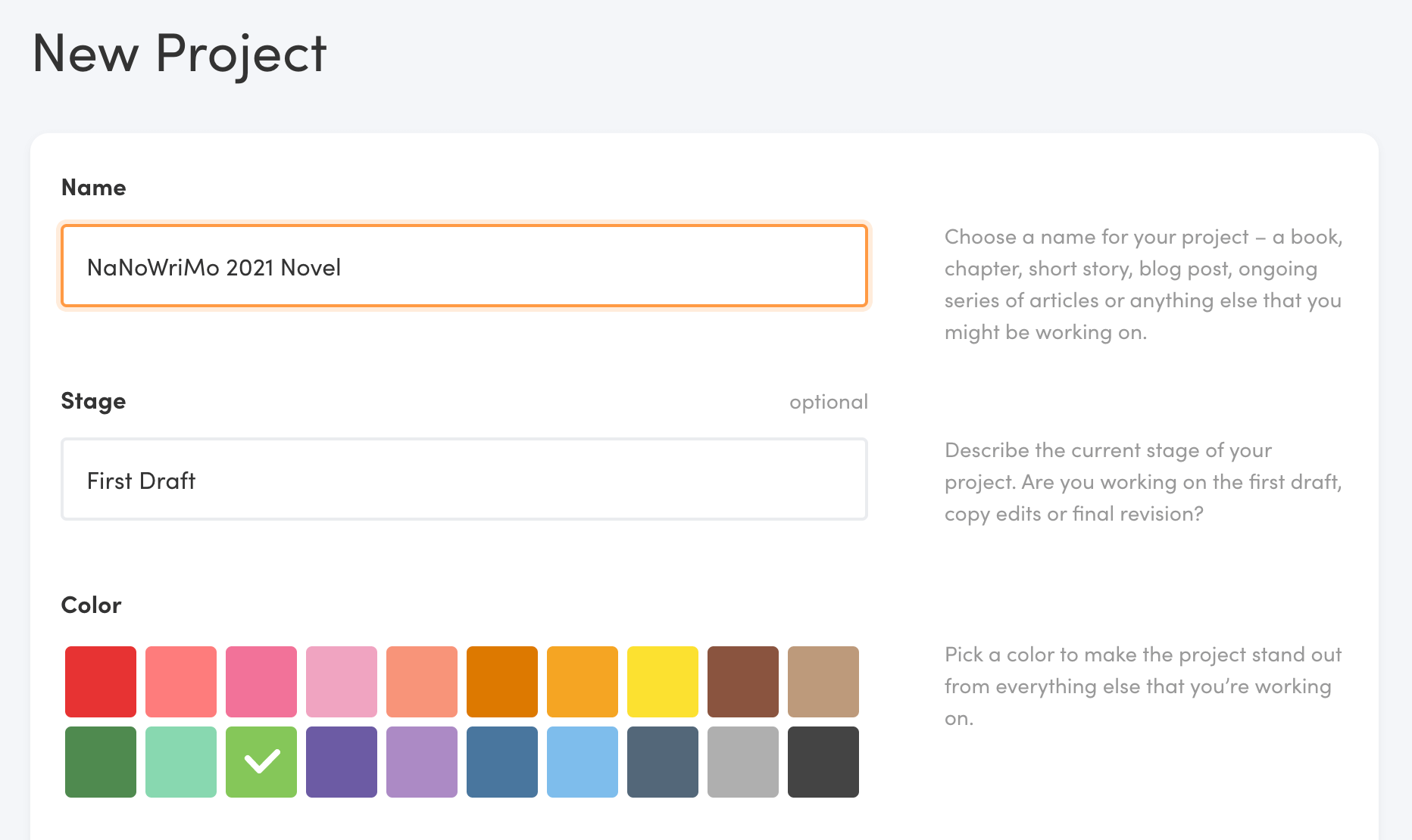 Writing Analytics project form