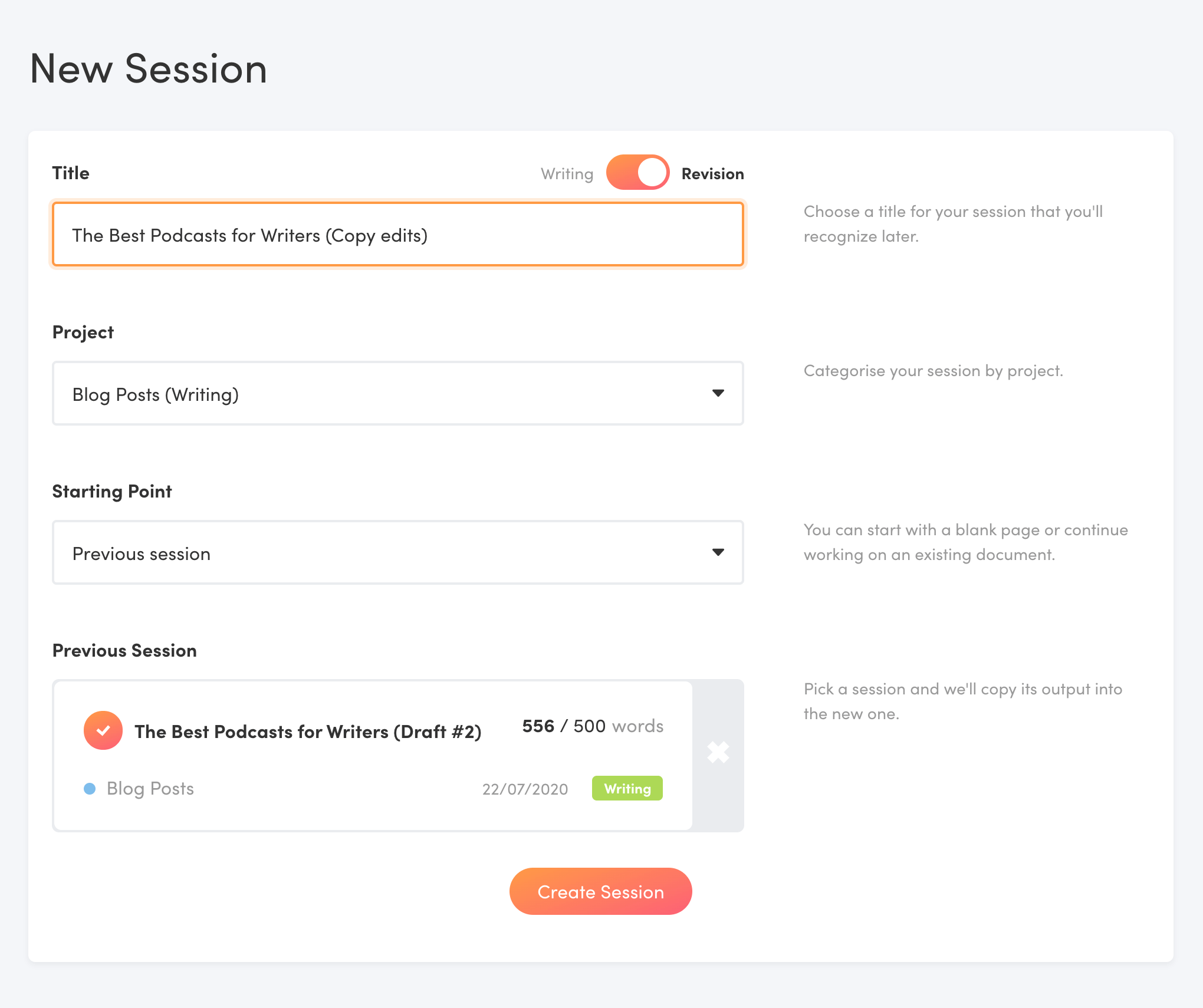 New Session form