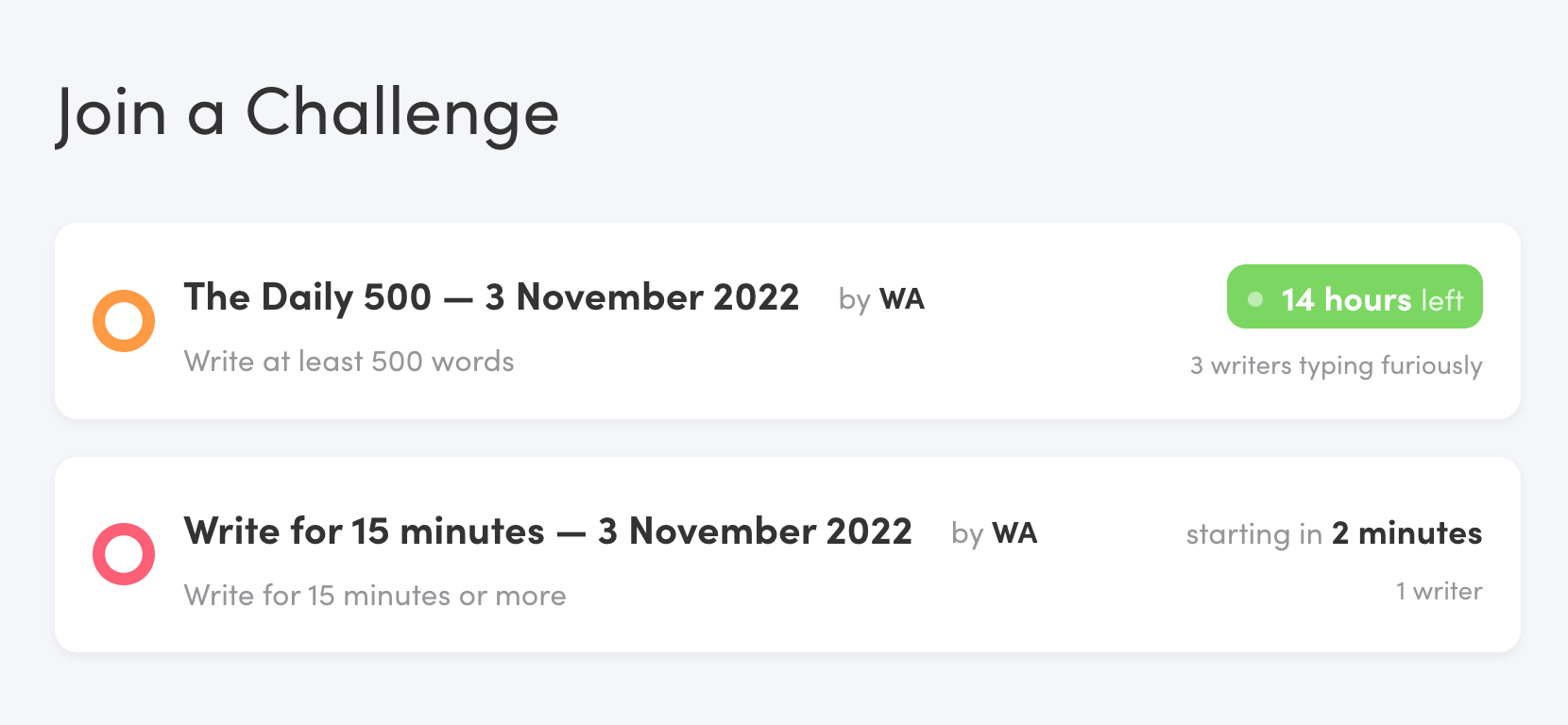 A list of available challenges.