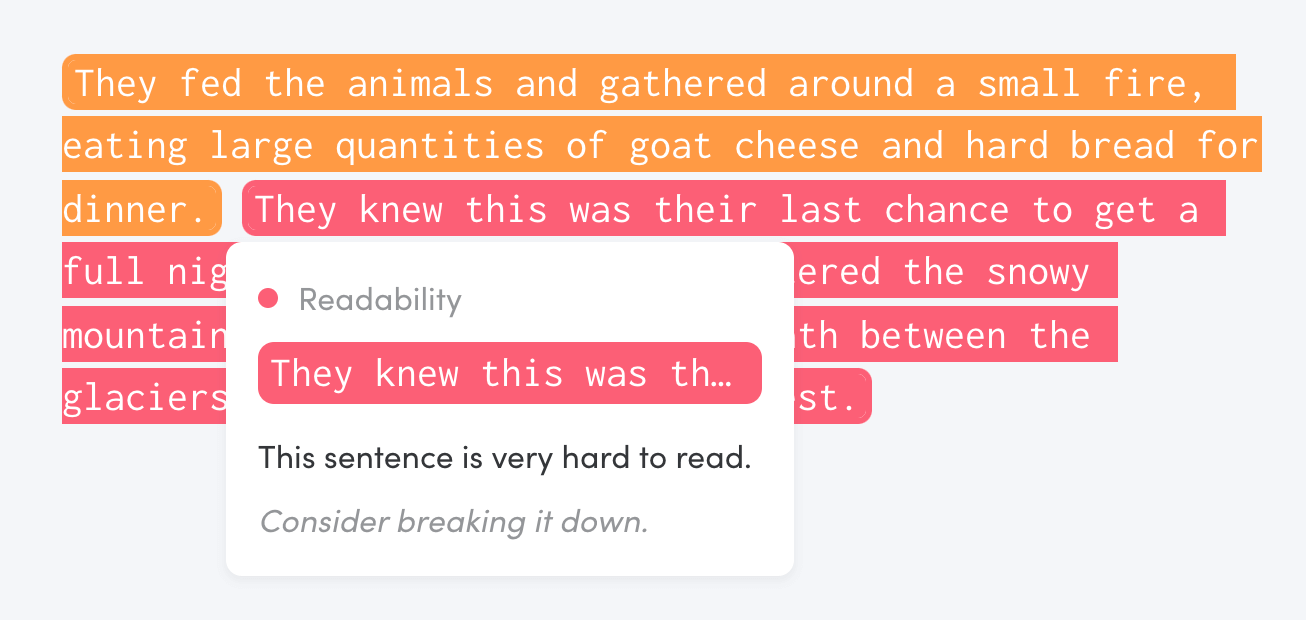 Readability highlights in Writing Analytics.