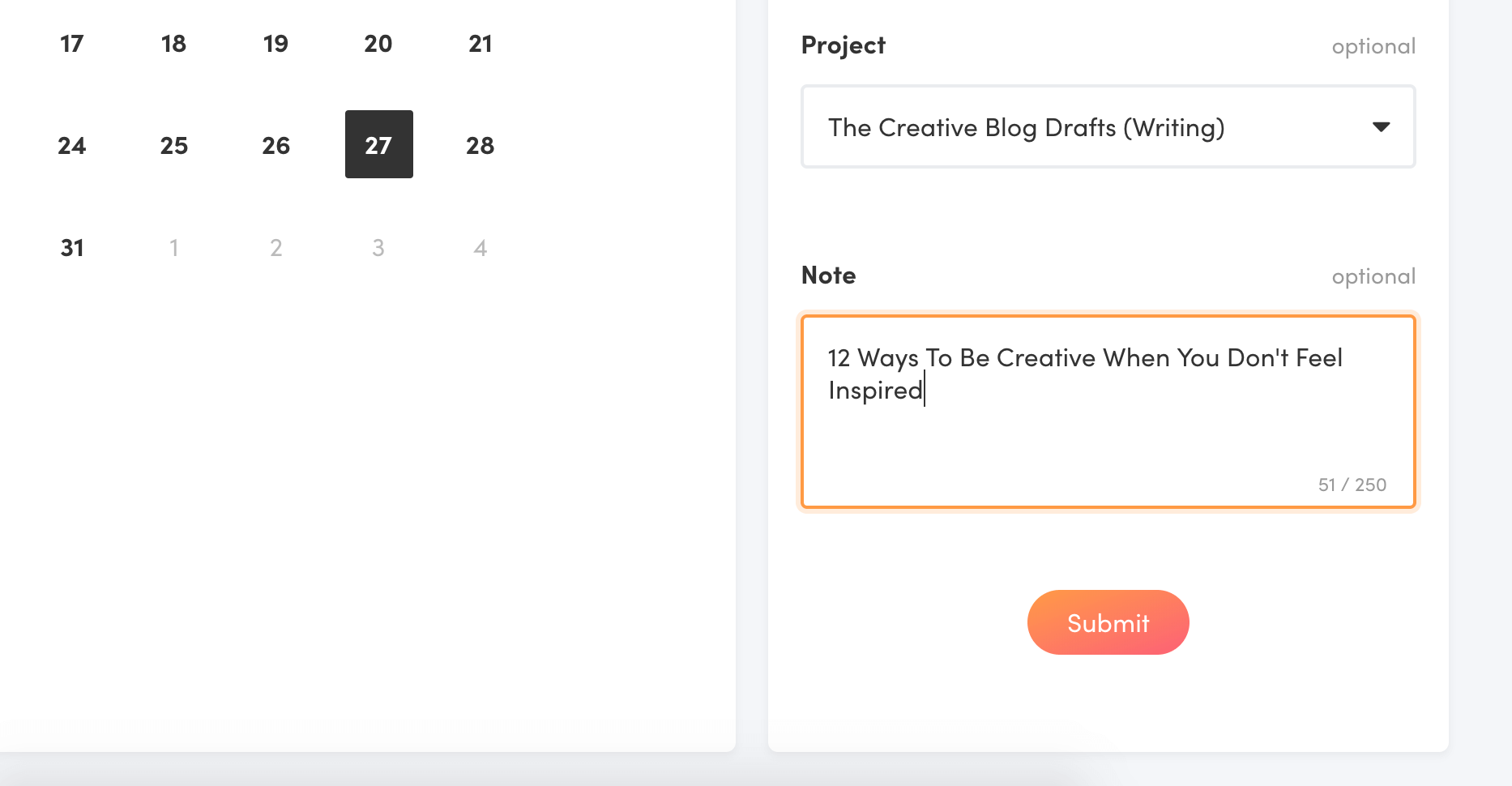 Adding a note when creating projects