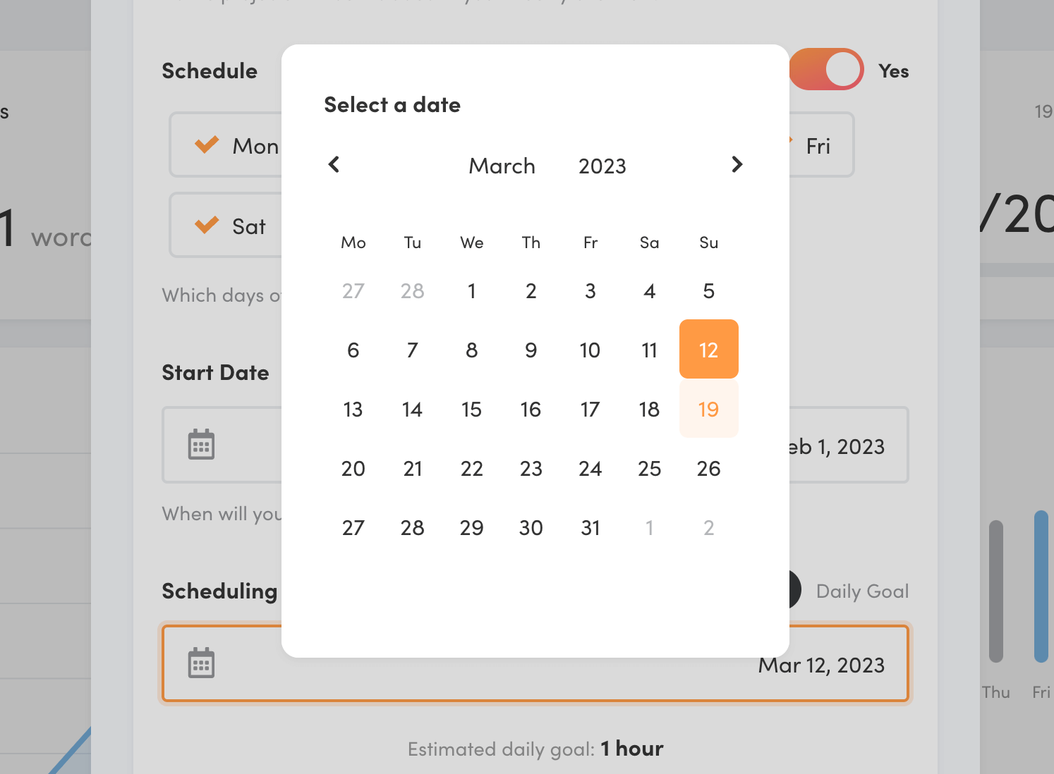 Date picker in Writing Analytics.