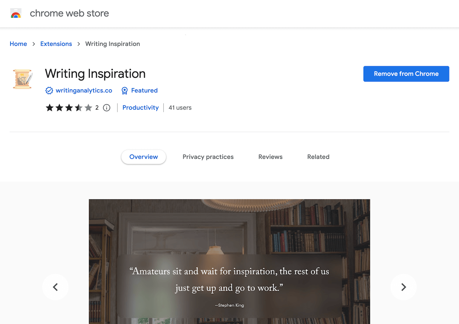 The Writing Inspiration extension in the Chrome Web Store