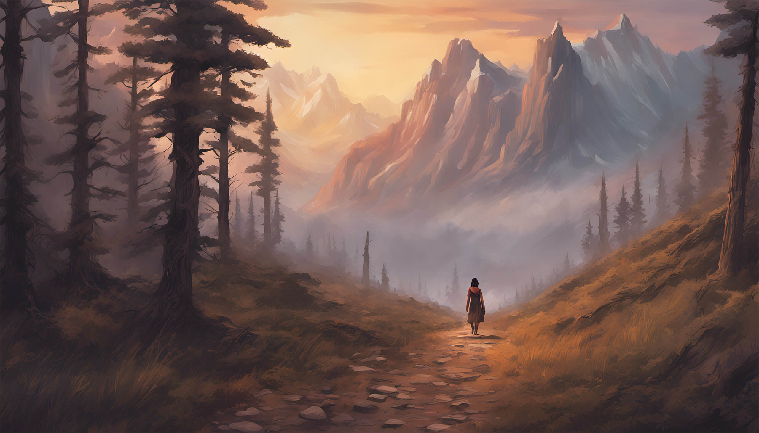 A woman walking through a forest towards a distant mountain
